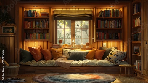 Autumnal Cozy Reading Corner with Plush Pillows and Bookshelves © Riz
