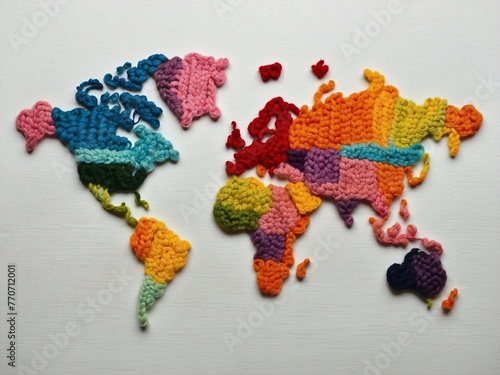 Creative World Map made from colorful crochet wool isolated on white background. International Crochet Day concept