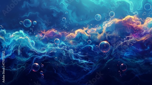 abstract concept of a cosmic ocean with vivid neon colors resembling an otherworldly underwater scene with floating bubbles and swirling waves, © Riz