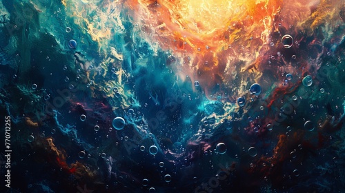 abstract concept of a cosmic ocean with vivid neon colors resembling an otherworldly underwater scene with floating bubbles and swirling waves, © Riz
