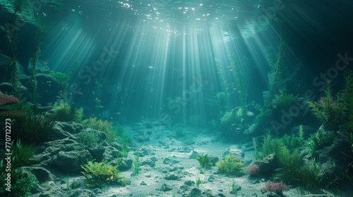 An underwater oasis depicting tranquil sunbeams filtering through the water, illuminating the rich marine flora and small fishes, ideal for serene and calming backgrounds.