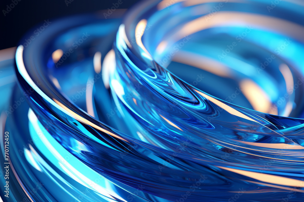 Abstract geometric blue background with glass spiral tubes, flow clear ...