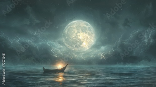 a traditional boat on a calm sea under a massive moon, with celestial cloud formations and a flock of birds in the distance, evoking a sense of adventure and serenity.