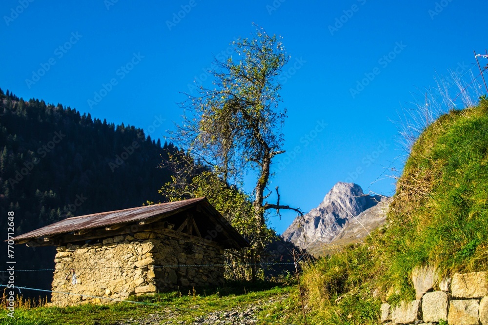 Single-story rural house situated on a lush green hill overlooking a majestic mountain range - obrazy, fototapety, plakaty 