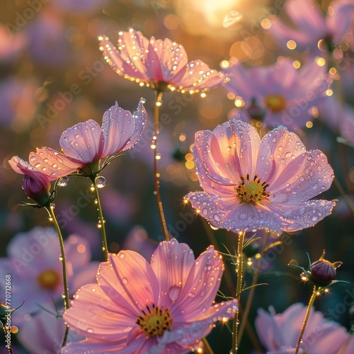 Golden cosmos flowers covered in sparkling dew drops, captured at sunrise, radiating a warm, golden glow, perfect for a natural and uplifting background.