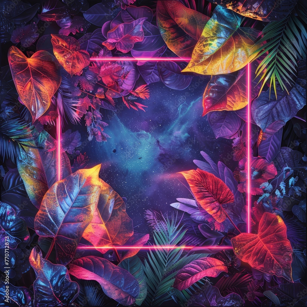 Neon Glow on Tropical Leaves with Cosmic Background - Vibrant Nature Design