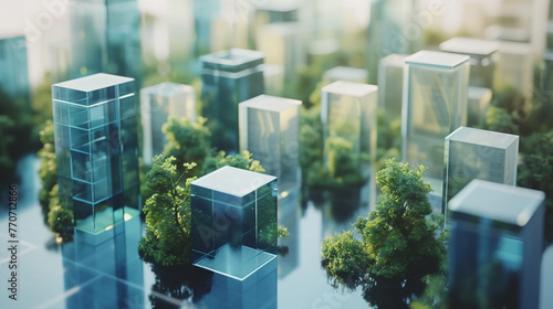 A realistic image of an architectural model of square blue and green skyscrapers. Metropolis skyline.  photo