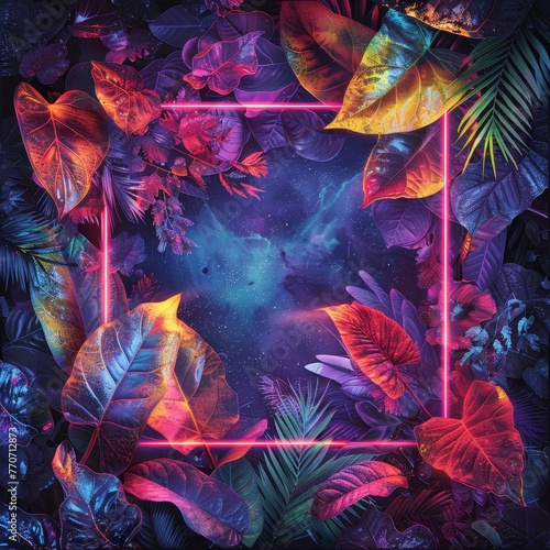 Neon Glow on Tropical Leaves with Cosmic Background - Vibrant Nature Design