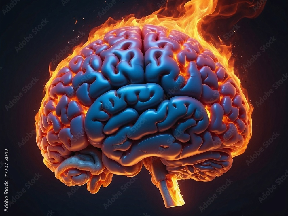 3d rendered illustration of human brain burning with flame. Overwhelming concept, burnout, mental problems, stress burden,...exploding brain illustration 3d rendered illustration of human brain burning with flame. Overwhelming concept, burnout, mental problems, stress burden,...exploding brain illustration