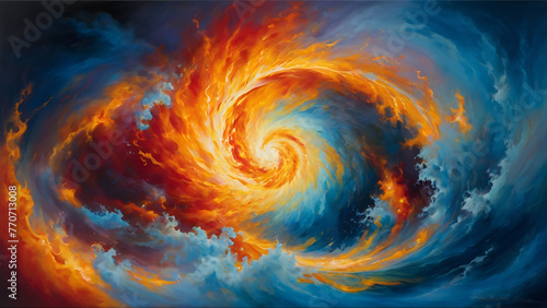 In a breathtaking display of elemental harmony, the vivid depiction showcases fire, water, air, and earth intertwining to give birth to life itself. The intense flames of fire, the swirling 