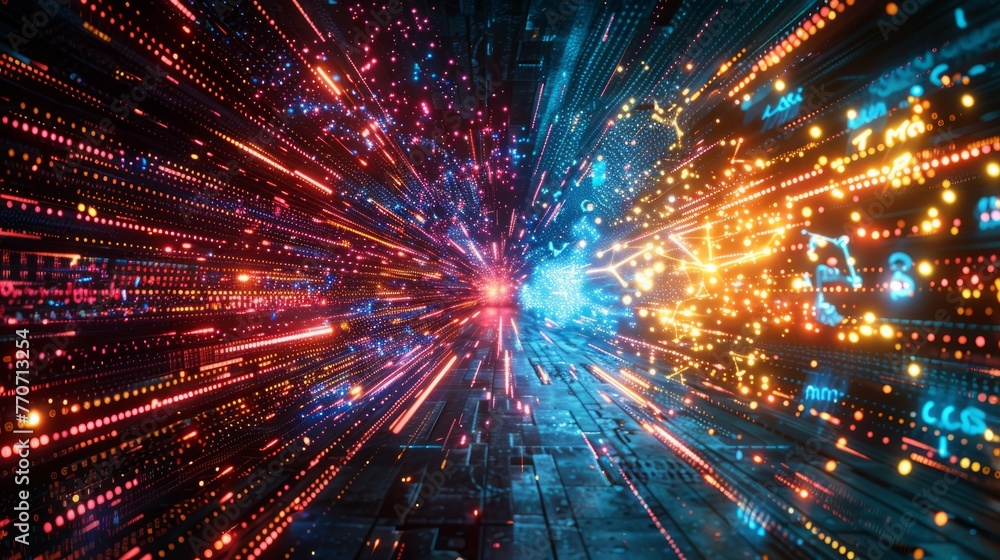 Naklejka premium Vivid explosion of binary codes and symbols from a mind, set against the night sky