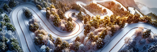 Snowy Forest Road, Aerial View of a Winding Path Through a Wintry Landscape, Journey Through the Cold