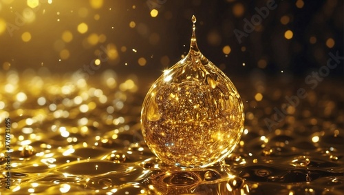 Luxurious golden drops fall into a pool of golden ripples