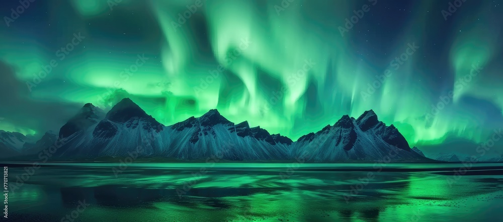 Stokksnes Aurora Serenade: Icelandic Nights Under Northern Lights - obrazy, fototapety, plakaty 