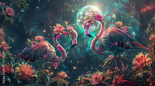 Celestial Flamingo Gala in Floral Cosmos