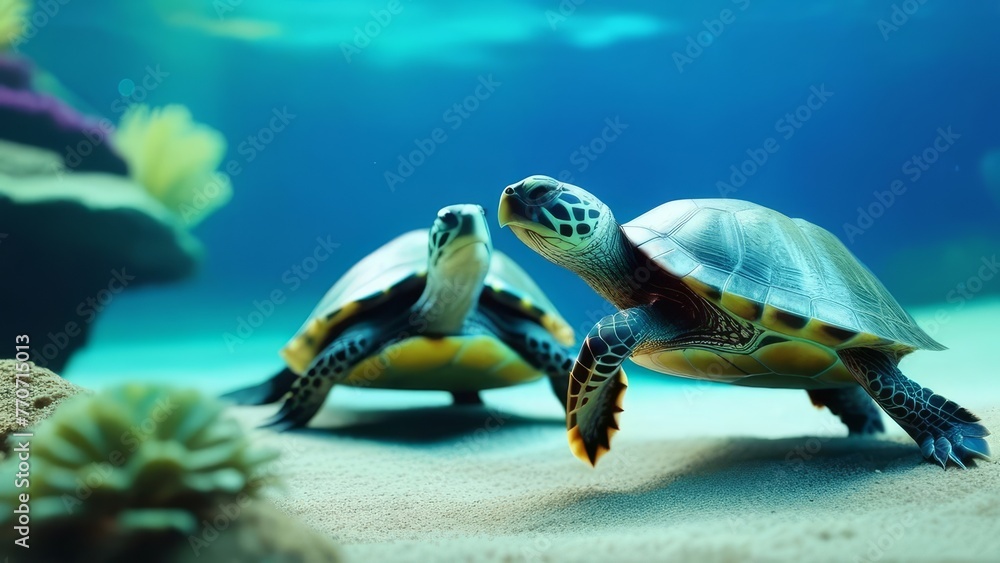 Obraz premium Two turtles are in a tank with fish. The turtles are looking at the camera. The tank is blue and has a rocky bottom