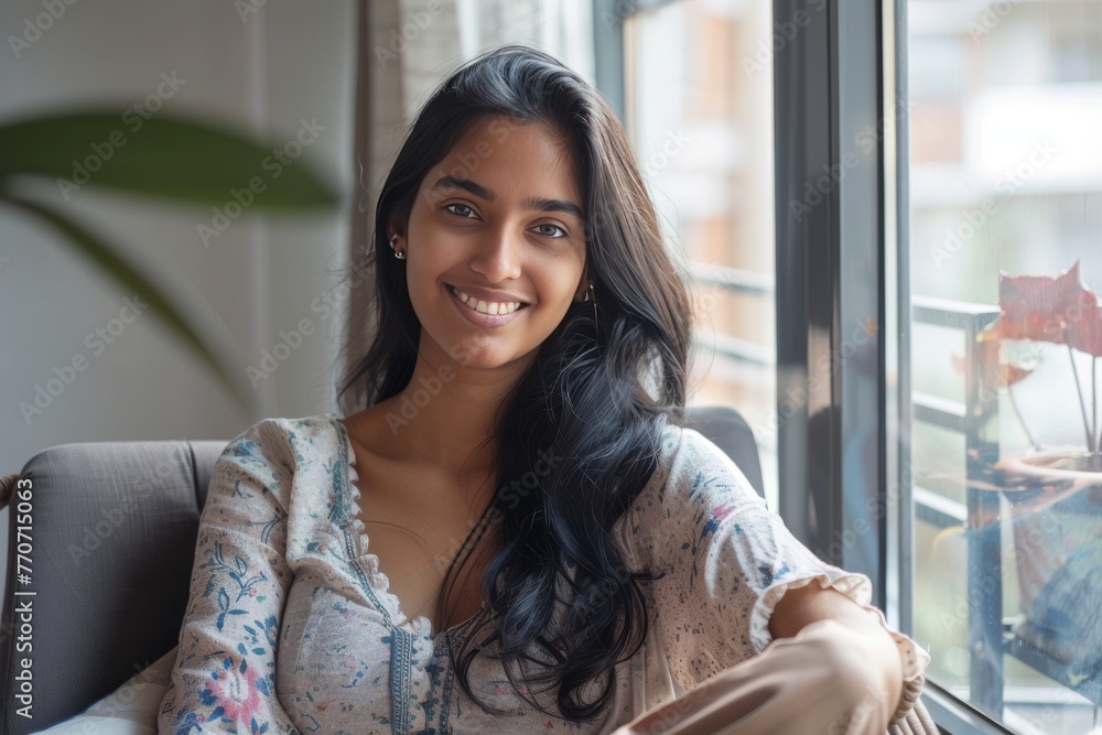 Happy at Home: Smiling Indian Woman in Cozy Setting generative ai