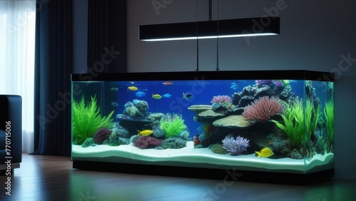 A fish tank with a variety of fish and plants in the living room.