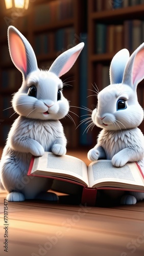 Two rabbits are sitting on a table reading a book. The book is open to a page with a picture of a rabbit on it. The rabbits are wearing ties and seem to be enjoying their time reading