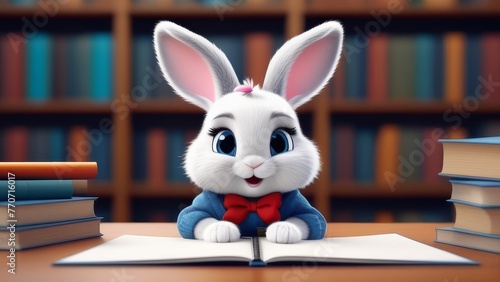 A cartoon rabbit is sitting at a desk with a book open in front of it. The rabbit is wearing a bow and a tie  and it is reading the book. The scene is set in a library