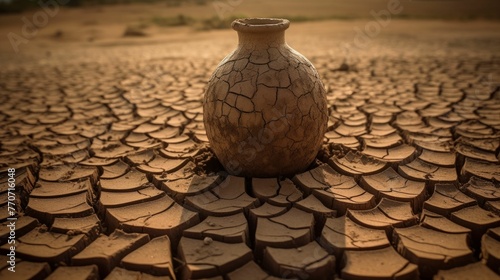 AI generated illustration of a cracked vase on a cracked and parched landscape photo