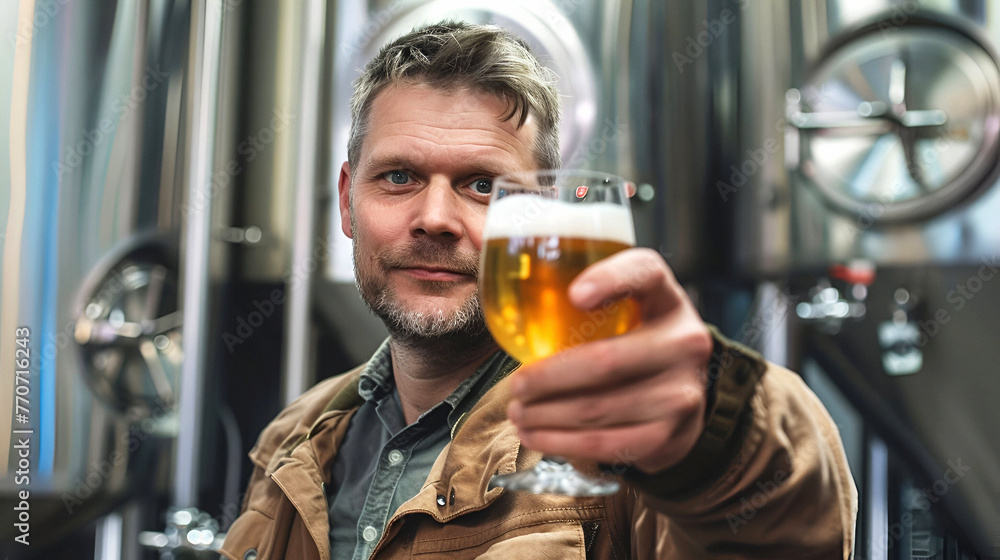 A man holding a glass of beer in his hand against the background of a beer factory