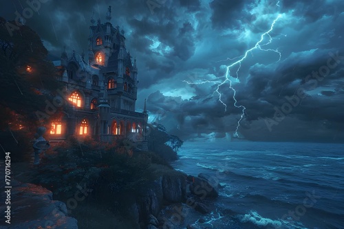 In the dead of night  a gothic castle stands ominously  illuminated by lightning  its battlements adorned with gargoyles  surveying the turbulent sea below.