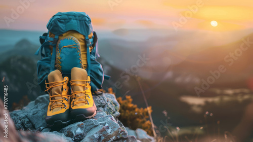 Hiking shoes and backpack on a background of mountains. photo