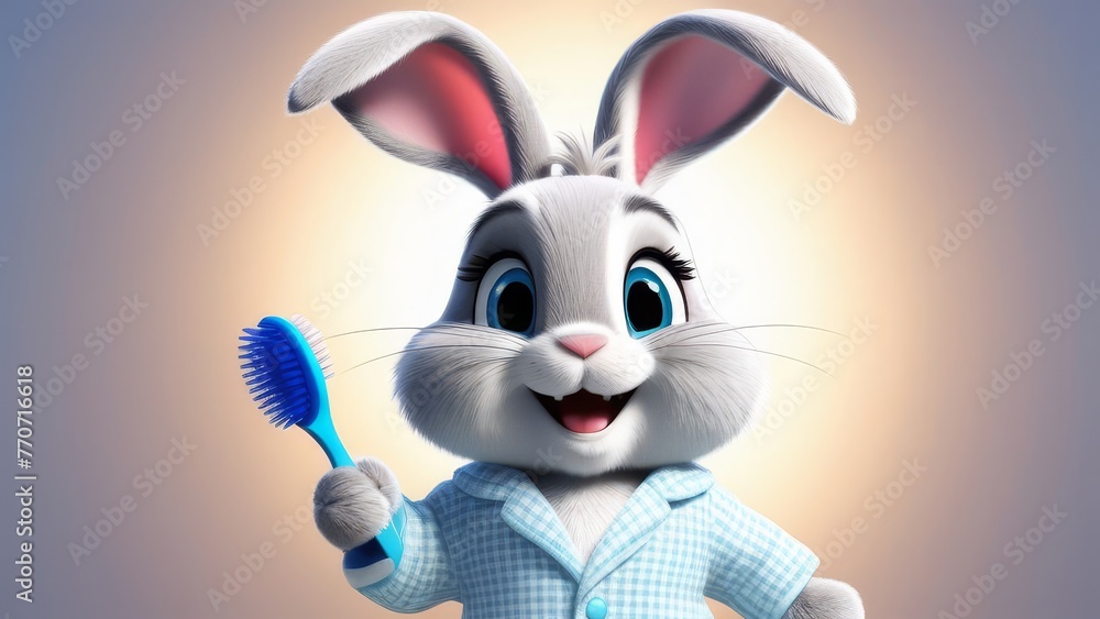 Fototapeta premium A cartoon rabbit is holding a blue toothbrush and smiling. The rabbit is wearing a blue and white pajamas