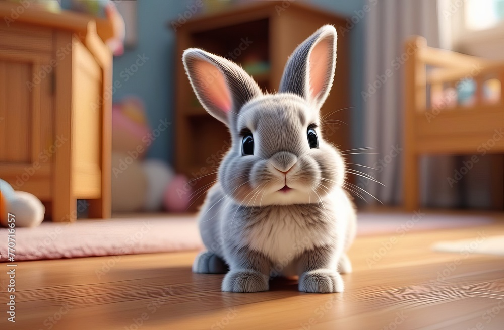 A cartoon rabbit is sitting on a wooden floor. The rabbit is looking at the camera with its eyes wide open