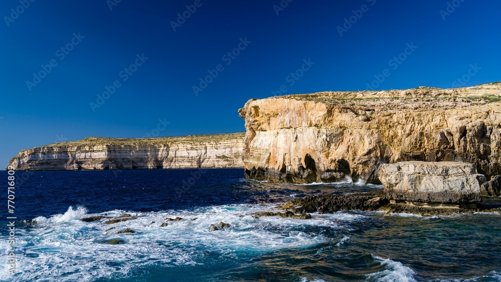Landscape of the Blue Hole surrounded by the sea in Gozo, Malta
