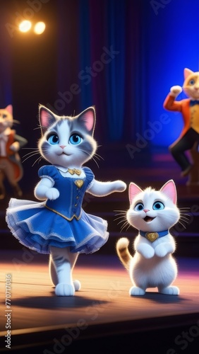 Two cats dressed in costumes are dancing on stage. One cat is wearing a gold vest and the other is wearing a blue shirt and a bow tie