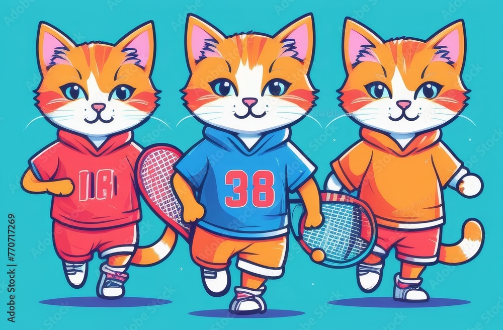 Three cats are wearing tennis outfits and holding tennis rackets. They are running and smiling. The image has a playful and energetic mood