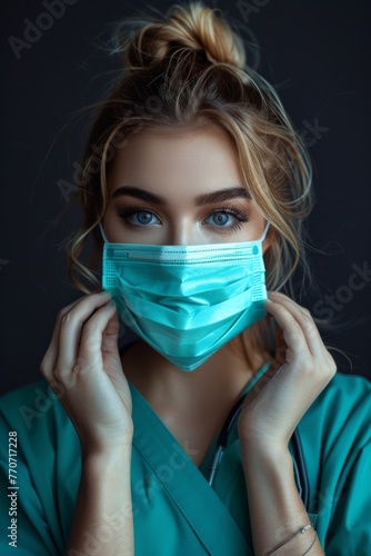 Young female healthcare worker in scrubs with a serene expression