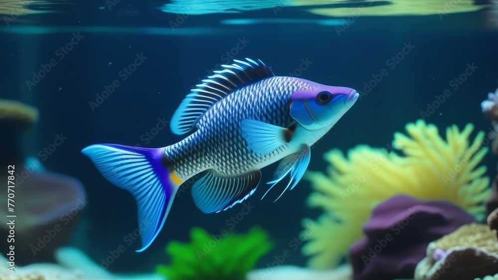 A fish swimming in a tank with a rock and some plants. The fish is blue and white