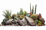 A rock garden with a variety of succulents, cacti, and other plants, isolated on white background