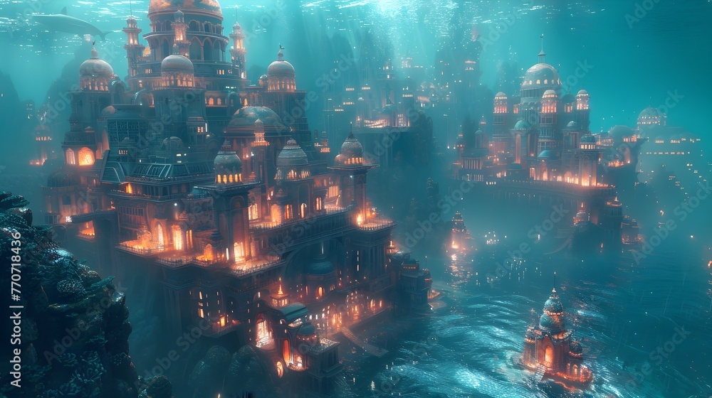 Voyage to Mythical Underwater Cities: A Neon Art Quest