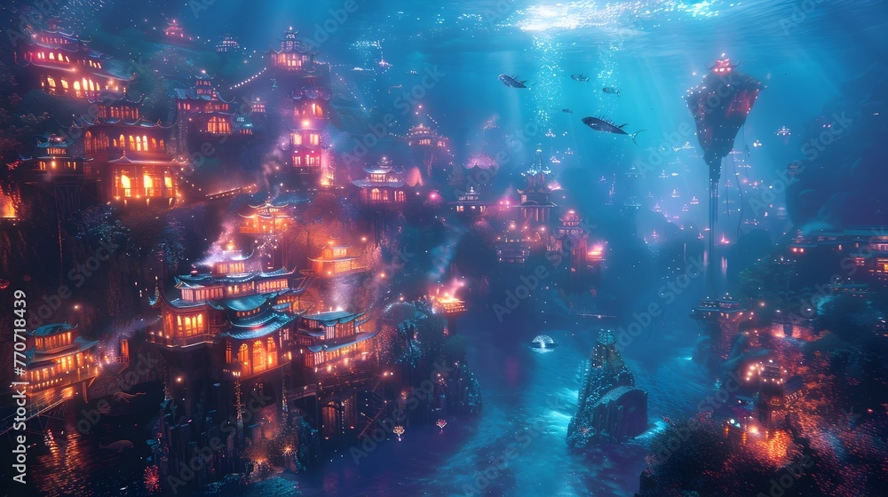 Fototapeta premium Voyage to Mythical Underwater Cities: A Neon Art Quest