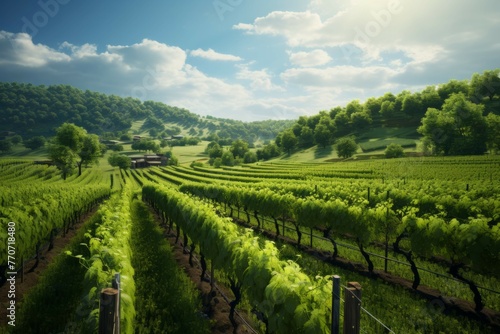 A lush, green vineyard with its vines, trellises, and grapes