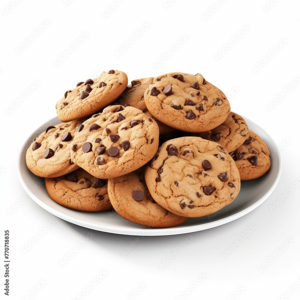 A plate of freshly baked cookies with chocolate chips, isolated on white background A plate of freshly baked cookies with chocolate chips, isolated on white background