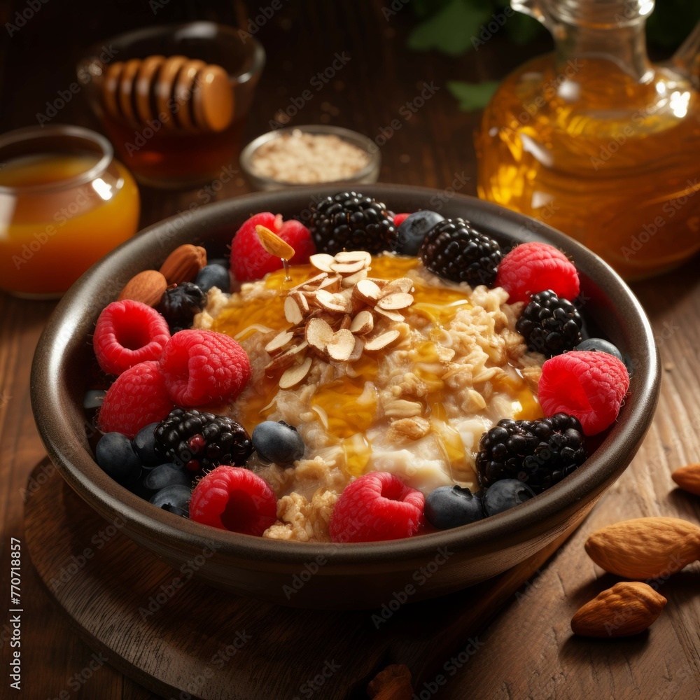 A bowl of freshly cooked oatmeal with a variety of toppings, including honey, nuts, and fruit