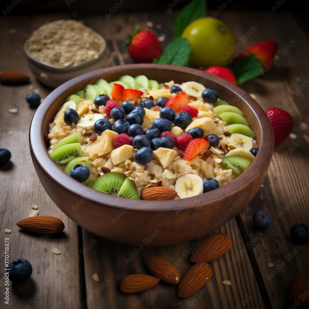 A bowl of freshly cooked oatmeal, with a variety of colorful fruits and nuts arranged in patterns A bowl of freshly cooked oatmeal, with a variety of colorful fruits and nuts arranged in patterns