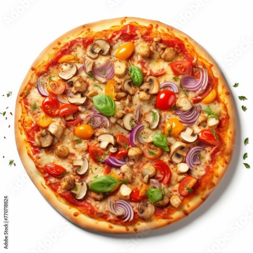 A pizza with a golden-brown crust, topped with a variety of colorful vegetables, isolated on white background