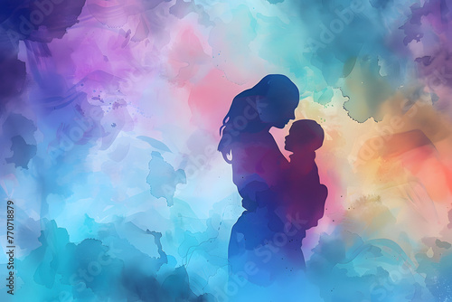 digital painting of a mother embracing her child against a colorful watercolor background, mother's day concept, generative ai photo