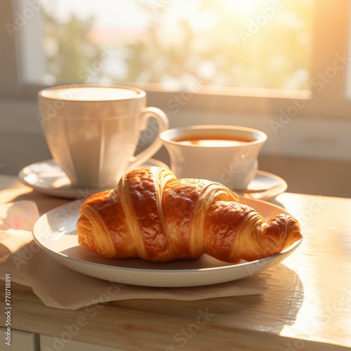 A cup of hot coffee and a croissant with butter and jam on a white plate  with the sun streaming in through a window behind it