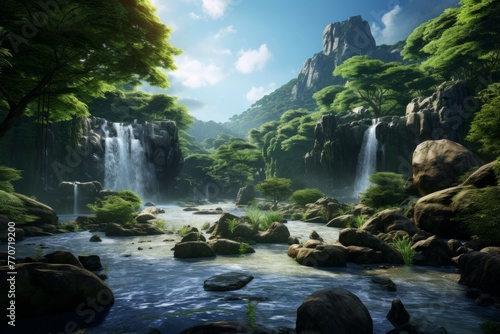 A desktop wallpaper of a beautiful and peaceful waterfall surrounded by lush green forests and mountains