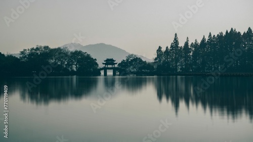 Traditional Chinese bridge over the West Lake of Hangzhou, Zhejiang Province,China