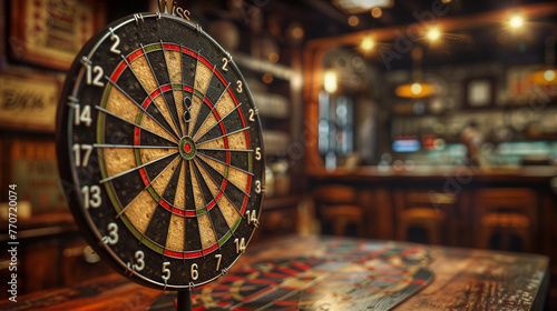 The dartboard on a wooden table in a pub or restaurant.