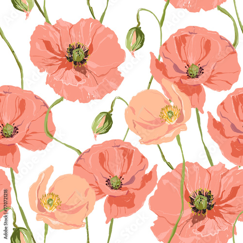Watercolor abstract flower seamless pattern of poppy and bud. Hand painted floral composition of wildflowers isolated on white background. Holiday Illustration for design  print  fabric or background.