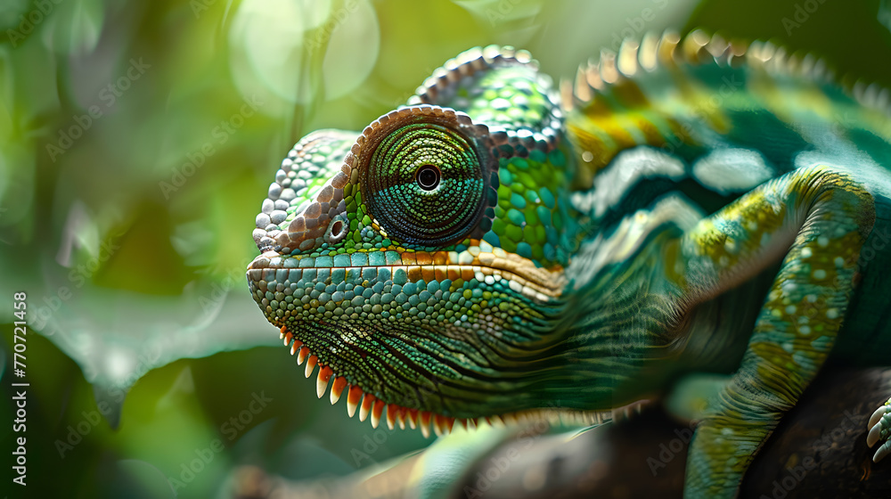 Obraz premium Green colored chameleon close up.
